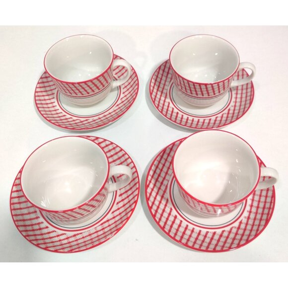 2 Ralph Lauren Wedgwood Homestead Cups & Saucers  England Red White Checker - Picture 1 of 14